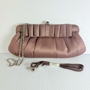 Lulu Townsend Taupe Satin Clutch with Ribbon Bow Silver Chain and Rope Strap
